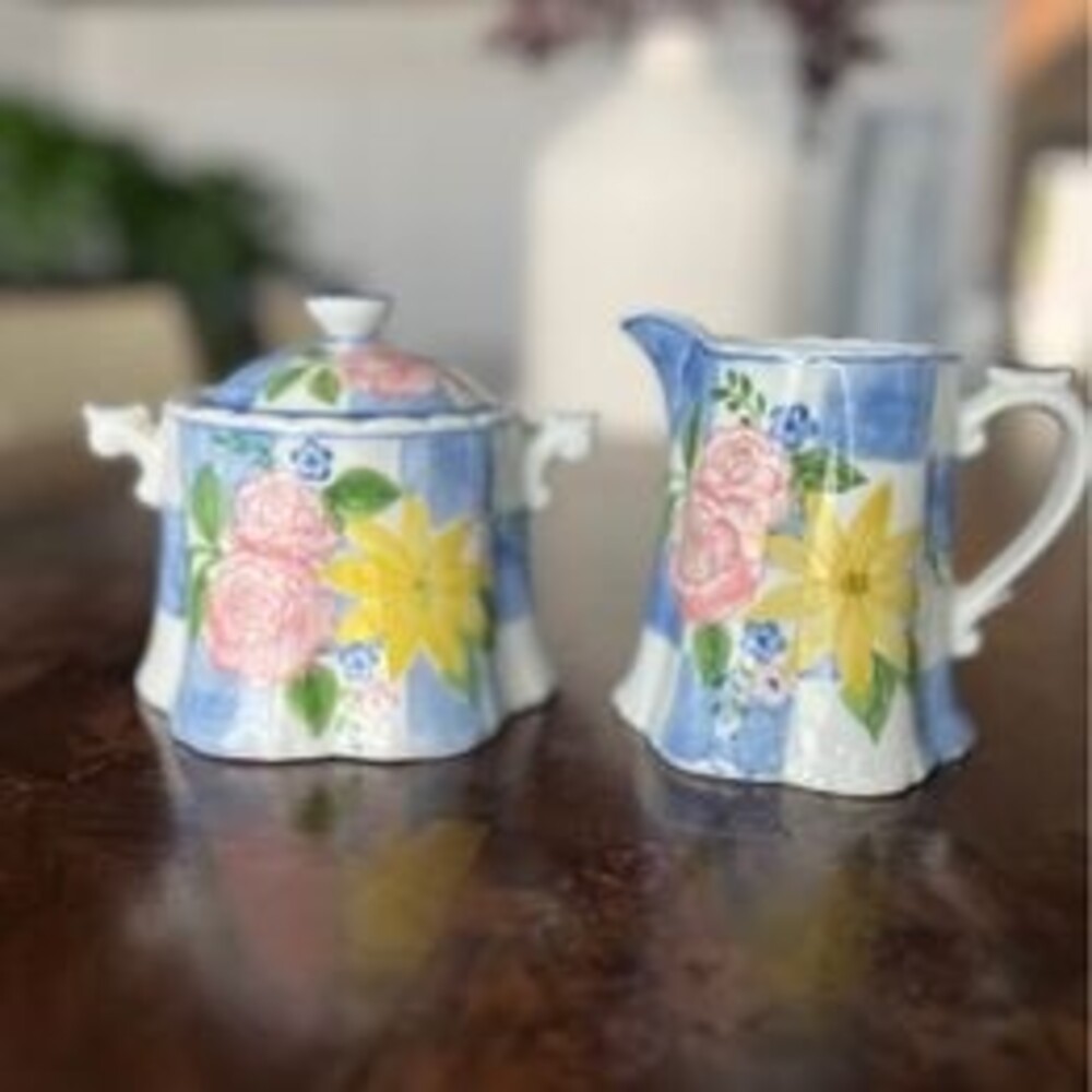 Vintage Andrea By Sadek Creamer & Sugar Bowl Blue Check Gingham Floral Tea Party